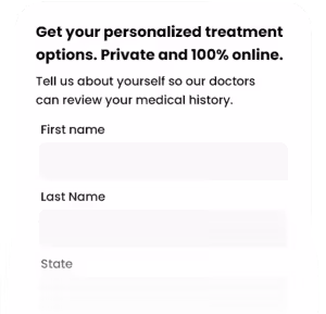 Online form for personalized medical treatment with fields for first name, last name, and state.